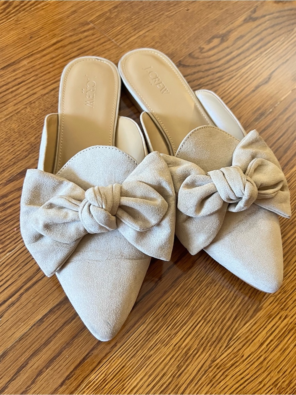J. Crew Suede Pointed-Toe Bow Mules in Beige